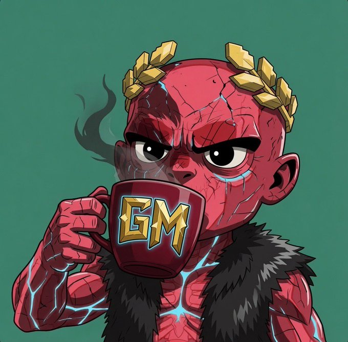 A cartoon illustration of a red-skinned, cracked warrior character with a golden leaf crown and black fur collar, drinking from a red mug labeled 'GM' against a green background.