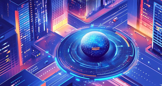 A vibrant digital illustration of a futuristic cityscape at night with neon blue and purple tones, featuring a glowing sphere surrounded by circular holographic interfaces in the center.