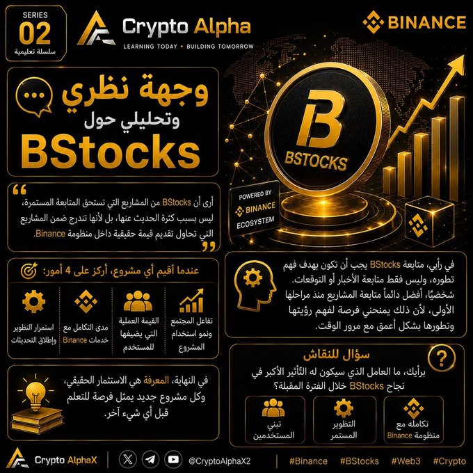 The image is a golden-and-black promotional infographic titled "Crypto Alpha Series 02" discussing a theoretical and analytical overview of BStocks. It features the Binance logo, a quote about BStocks being part of Binance's ongoing ecosystem rather than just trending talk, and bullet points highlighting factors for success (continuous development, community support, and proven concept) alongside the post's message about gradual, long-term value delivery. The infographic uses icons, charts, and hashtags (#Binance, #BStocks, #Web3, #Crypto) to reinforce the idea that true success is built over time, not overnight.