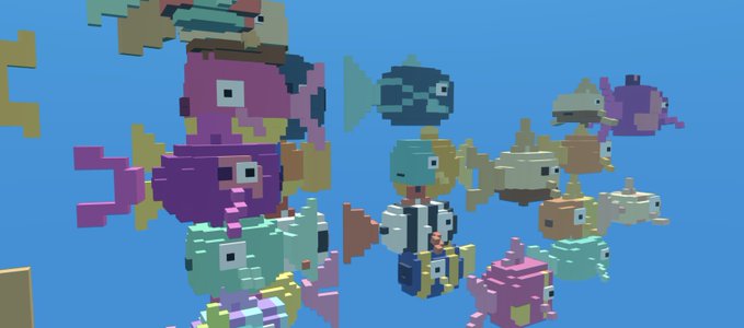 A group of blocky, pixelated fish characters in various colors (pink, blue, green, white) swimming against a solid blue background, resembling a retro video game aesthetic.