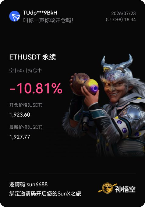 The image shows a trading app interface from Sun Wukong (孙悟空) platform displaying an ETHUSDT perpetual short position with 50x leverage, showing a -10.81% return, entry price of 1,923.60 USDT, and current price of 1,927.77 USDT, alongside an illustration of a horned warrior holding a glowing orb. The user's caption describes taking a bearish short position on ETH expecting it to drop below 1900, which corresponds to the active short position and negative P&L shown in the screenshot.