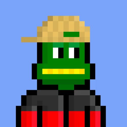 A pixel-art portrait of a green-skinned character wearing a tan cap and a red and black jacket against a blue background.