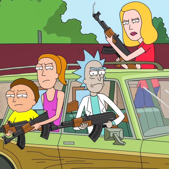 An animated image showing characters from Rick and Morty (Beth, Jerry, Morty, and Summer) holding rifles inside and on top of a green car.