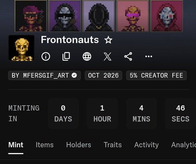 An NFT collection page on a marketplace showing the 'Frontonauts' pixel art project by MFERSGIF_ART, scheduled for minting in October 2026 with a 5% creator fee.