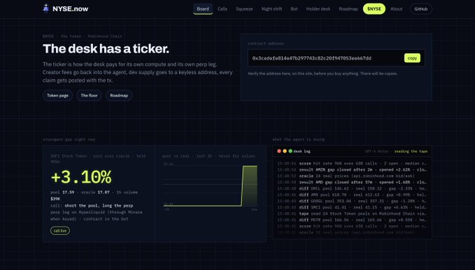 Screenshot of the NYSE.now website showing a dashboard for 'The desk has a ticker' (Robinhood Chain) with a contract address, a 24-hour price increase of +3.10% to $17.59, and live log output on the right.