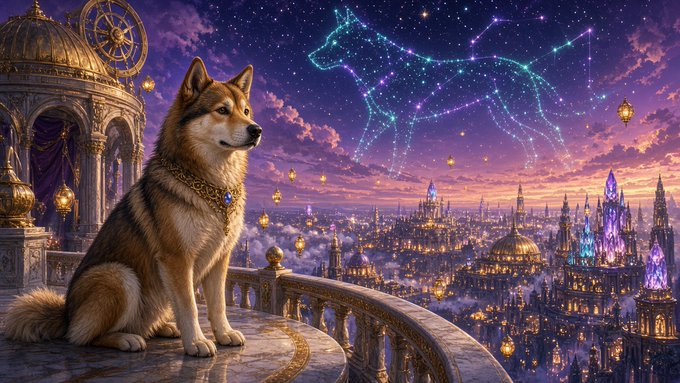 A majestic dog wearing a decorative collar sits on a balcony overlooking a fantasy cityscape at twilight, with a constellation shaped like a canine visible in the starry purple sky above.