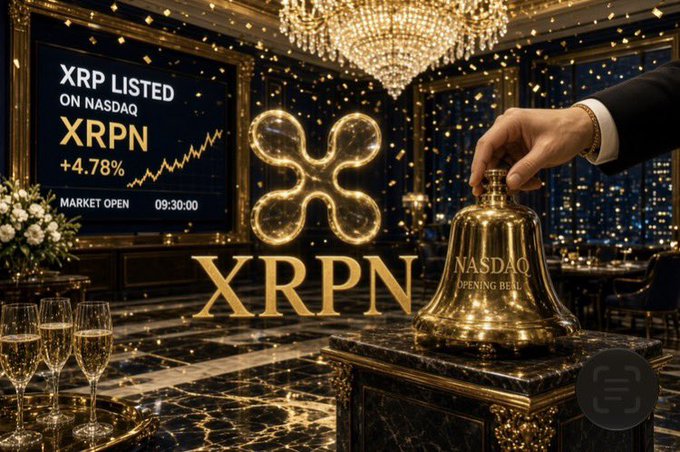 The image depicts a luxurious NASDAQ-style opening bell ceremony, with a person ringing a golden "NASDAQ Opening Bell" next to a large screen displaying "XRP LISTED ON NASDAQ, XRPN +4.78%, MARKET OPEN 09:30:00" alongside a glowing Ripple/XRP emblem, perfectly illustrating the post's announcement of XRP's listing under the ticker XRPN.