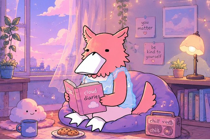 A cozy pastel-toned illustration of a pink, dog-like creature reading a book titled 'cloud diaries' in a sunlit room, with a poster reading 'you matter' and 'be kind to yourself'.
