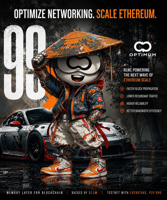 Promotional poster for 'OPTIMUM' featuring an anime-style character with a conical hat standing in front of a sports car, with text 'OPTIMIZE NETWORKING. SCALE ETHEREUM.' and bullet points including 'FASTER BLOCK PROPAGATION' and 'BETTER BANDWIDTH EFFICIENCY'.