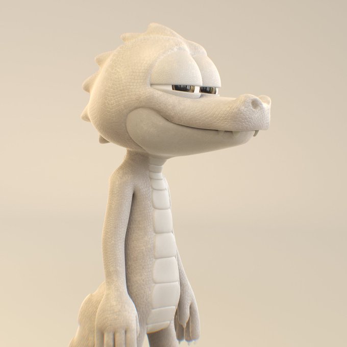 A 3D rendered white dragon or crocodile-like cartoon character with blue eyes standing against a light beige background.
