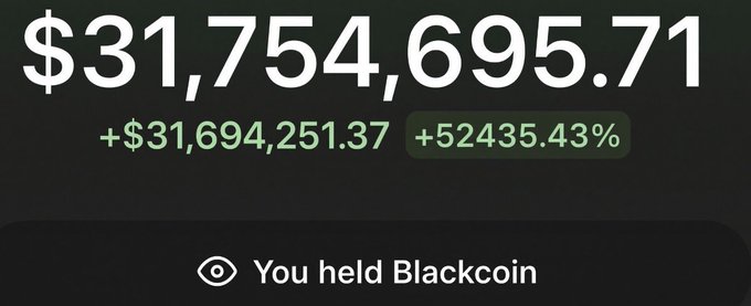 A screenshot showing cryptocurrency portfolio gains of +$31,694,251.37 (+52435.43%) with the text 'You held Blackcoin'.