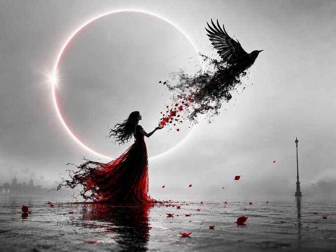 A dramatic scene shows a woman in a flowing red dress standing in water beneath an eclipse, reaching toward a large black bird disintegrating into petals.