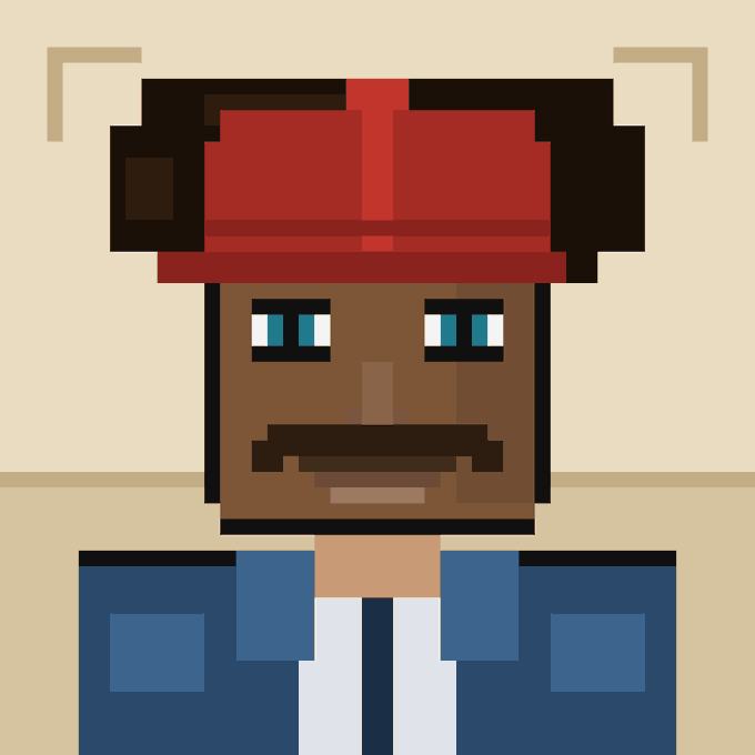 A pixel art illustration depicts a character with dark brown skin, a mustache, and a red and brown hat. The character wears a blue jacket over a white shirt against a plain beige background.