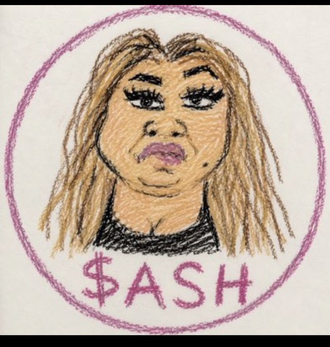 A hand-drawn, cartoonish portrait sketch of a woman with brown hair and large lashes, framed by a purple circle with the text "$ASH" below her face.