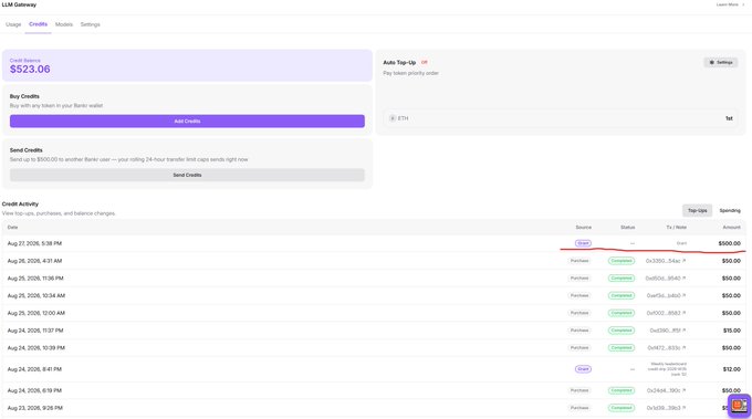 A screenshot of the LLM Gateway website shows a Credit Balance of $523.06, displaying Credit Activity log entries with source, status, and TVL Note columns.