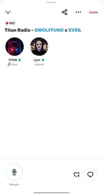 Mobile app screenshot of a Twitter Spaces recording titled 'Titan Radio - $WOLFFUND x $VEIL,' showing host TITAN (verified) with a red wolf avatar and listener Lync (verified) with a screaming face avatar.