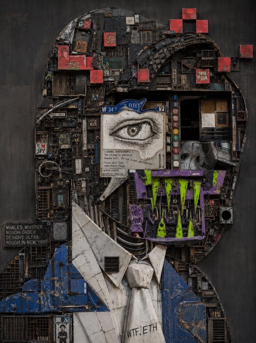 A mixed-media collage portrait composed of urban debris, featuring a stylized eye, vibrant green and purple elements, and a blue shirt with a tie labeled 'NTF.ETH'.