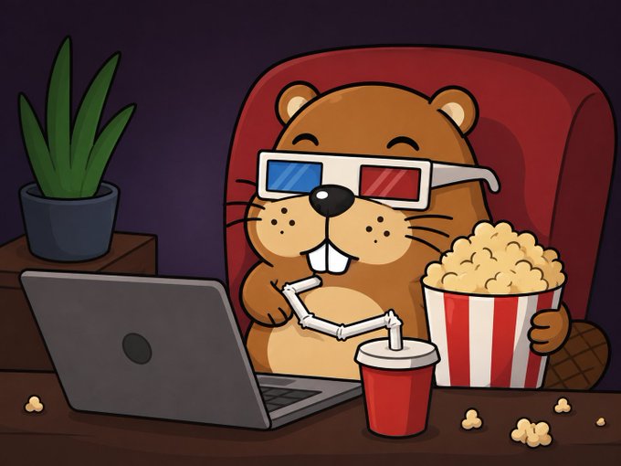 A cartoon beaver wearing 3D glasses sits in a red armchair, enjoying a bucket of popcorn and a red soda while watching a laptop screen—capturing the playful, meme-coin vibe of "Chonketha," a $Solana animal token the poster speculates could be the next breakout meme like Moodeng.