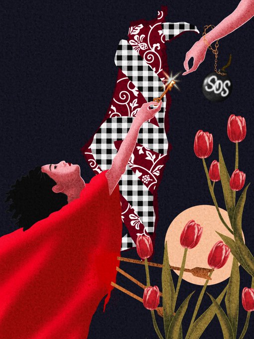 A surreal collage artwork depicting a person in flowing red fabric reaching upward toward a hand holding a golden key and an 'SOS' pendant, with red tulips, a checkered pattern, and a moon in the composition.