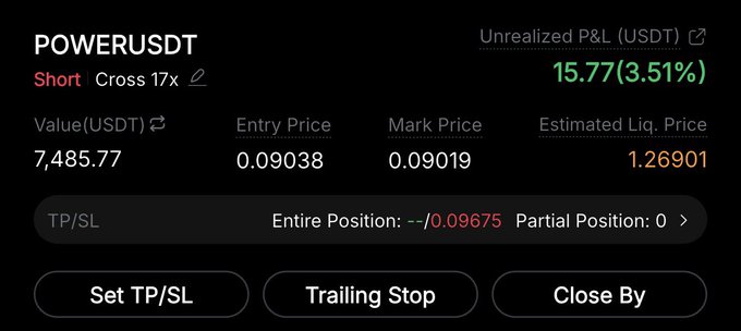 The image shows a black and white screenshot of a trading app that has several options, such as "Short $POWER", "Cross 12x", "Unrealized Price", "Price", "entry price", "mark price", "estimated liquid position", "Partial Position", and the current time. The post provides information about a short for Power cryptocurrency, specifically Bitcoin. It is described as "long" and has already been executed with a value of $0.45.