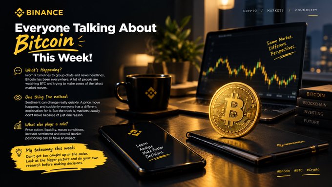 A Binance promotional graphic titled 'Everyone Talking About Bitcoin This Week!' featuring a Bitcoin gold coin, smartphone, laptop displaying a price chart, and bullet points discussing market sentiment, key news, and trading strategies.
