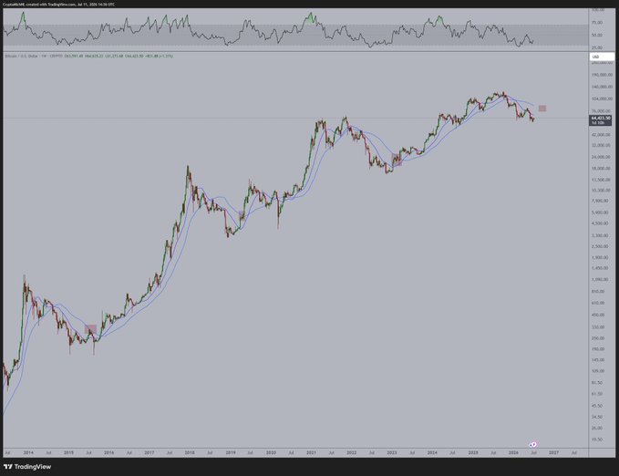 The image displays a Bitcoin/USD price chart with a 50-week moving average overlay spanning from 2014 to 2026, showing BTC currently trading around $84,423 near the key 50-Week MA resistance level. This visualizes the post's claim that Bitcoin historically rallies toward the 50-week MA early in bull cycles before stalling at major resistance zones like the current $82,000+ area.