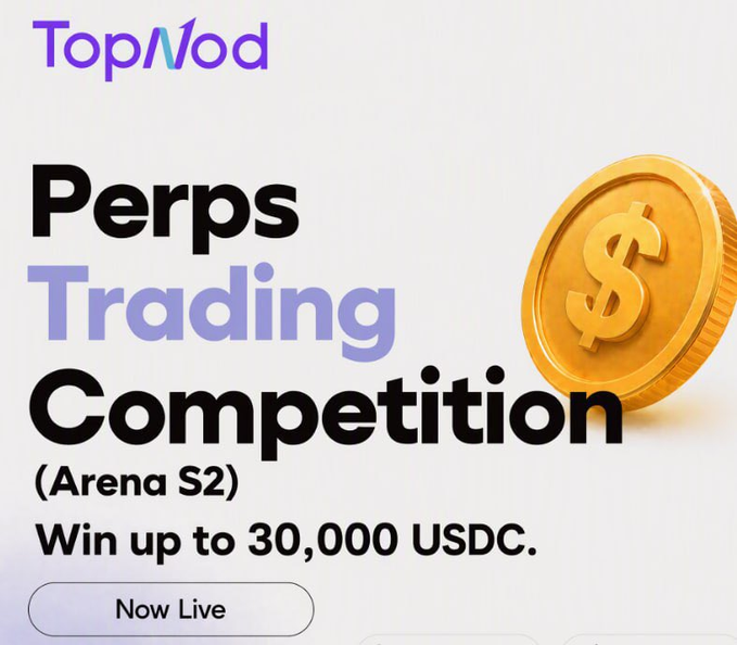 Promotional graphic for TopNod's Perps Trading Competition (Arena S2), featuring a gold coin and announcing prizes of up to 30,000 USDC, with a "Now Live" button indicating the competition is currently open for registration.
