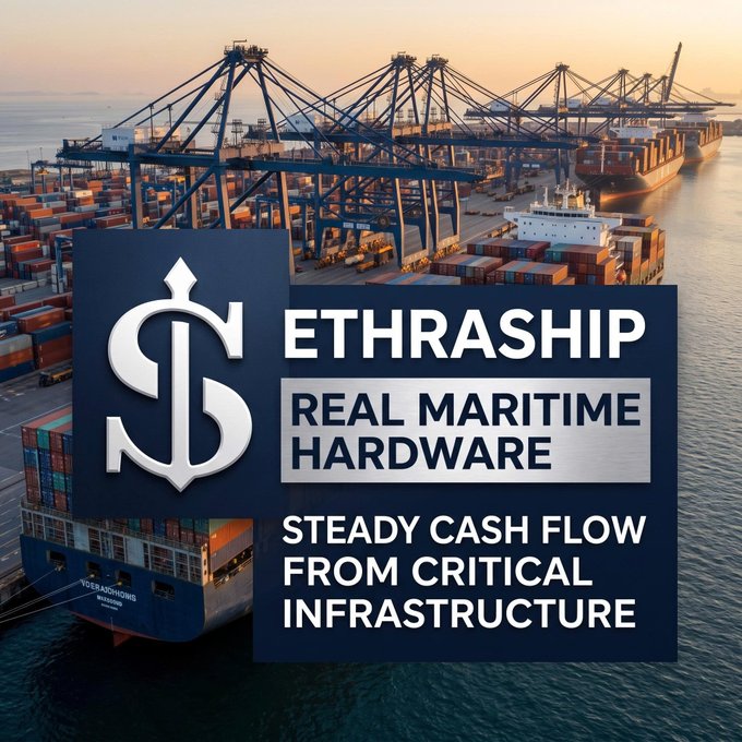 A promotional graphic for 'ETHRASHIP' stating 'REAL MARITIME HARDWARE' and 'STEADY CASH FLOW FROM CRITICAL INFRASTRUCTURE', overlaid on an image of a busy port with shipping cranes and containers.