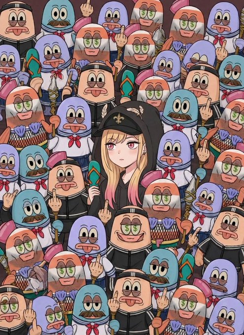 An anime-style illustration featuring a blonde girl in dark robes at the center, surrounded by a repeating pattern of various colorful cartoon characters.