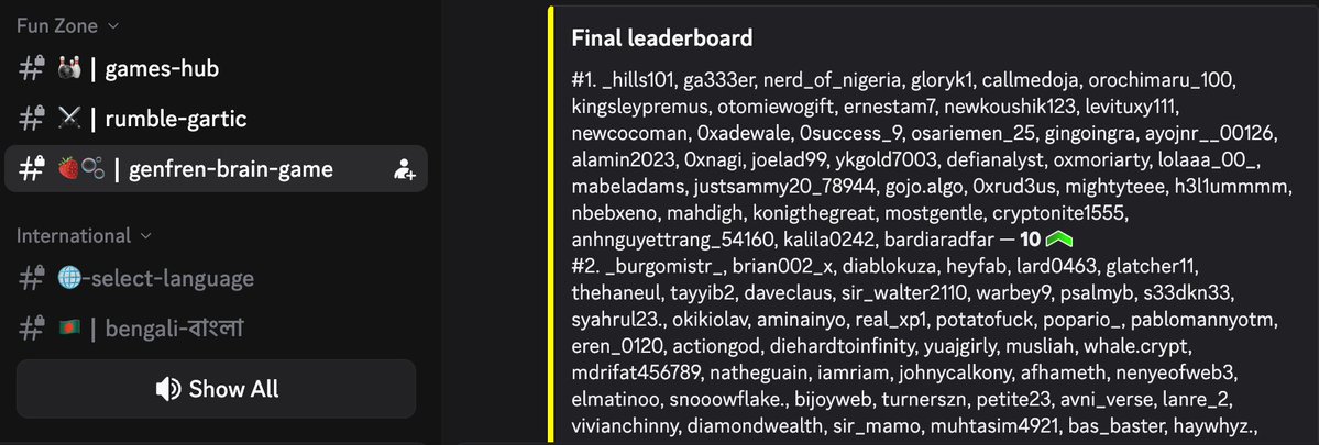Discord chat screenshot showing the Fun Zone channel with channels like 'games-hub', 'rumble-gartic', and 'genfren-brain-game', alongside a 'Final leaderboard' listing multiple ranked participants.
