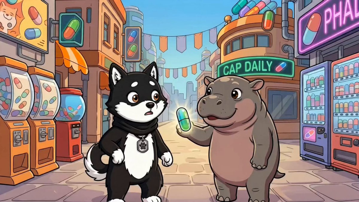 The image features a cartoon scene of two animals, a dog and an elephant, standing together with their arms around each other. The dog has a black and white fur pattern, while the elephant has gray skin. They are positioned next to a building that says "cap daily" on it. In the background, there is a vending machine filled with candy. The caption of the image reads: "Meme最后的希望 @mamebnb #mame".