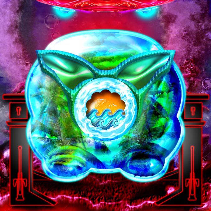 A vibrant, psychedelic digital artwork displays a glowing, iridescent blue and green creature with leaf-like ears, centered against a textured pink and red background with neon red structural elements resembling swords on the sides.