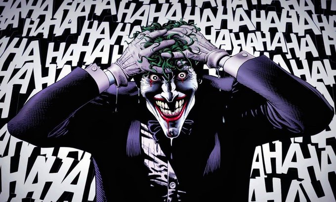 A comic book illustration of the Joker laughing maniacally while gripping his head, set against a background filled with the word 'HAHAHA'.