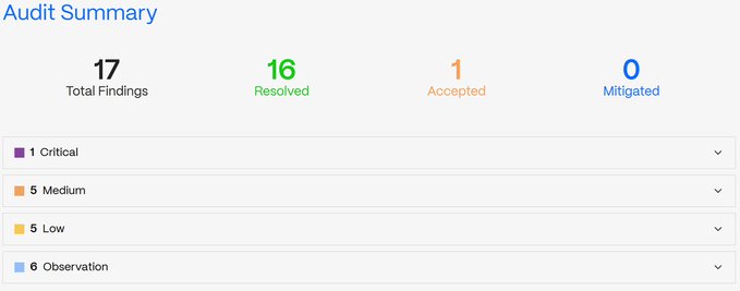An 'Audit Summary' dashboard displays 16 Resolved (green), 1 Accepted (orange), and 0 Mitigated (blue) out of 17 Total Findings, categorized into 1 Critical, 5 Medium, 5 Low, and 6 Observation items.