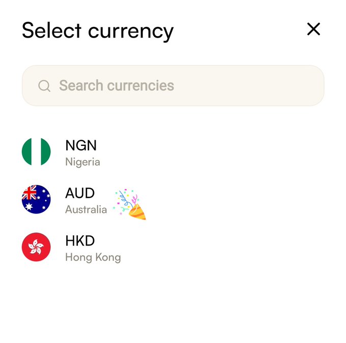 A 'Select currency' menu showing options including NGN (Nigeria), AUD (Australia), and HKD (Hong Kong) with their respective flags.