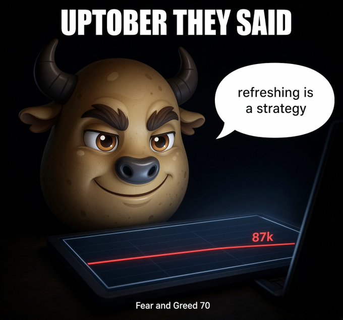 Meme featuring a cartoon bull staring at a laptop showing a flat red line at 87k, captioned 'UPTOBER THEY SAID' with a speech bubble saying 'refreshing is a strategy' and 'Fear and Greed 70' at the bottom.