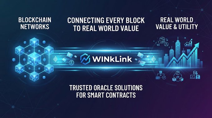 A WinLink promotional graphic displaying 'BLOCKCHAIN NETWORKS', 'CONNECTING EVERY BLOCK TO REAL WORLD VALUE', 'REAL WORLD VALUE & UTILITY', and 'TRUSTED ORACLE SOLUTIONS FOR SMART CONTRACTS'.
