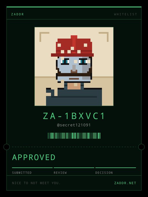 A digital whitelist card labeled 'ZADOR' and 'WHITELIST' shows a pixelated mushroom character with the ID 'ZA-1BXVC1' by @secret121091, marked as 'APPROVED' with the tagline 'NICE TO NOT MEET YOU.' and 'ZADOR.NET'.