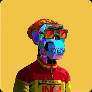A vibrant digital artwork of a skeletal monkey wearing colorful sunglasses and a red jacket with 'PRIMATE NOAH' written on it.