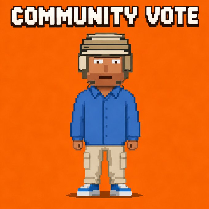 A pixel-art character in a blue shirt, beige hat, and cargo pants stands against an orange background beneath the bold text "COMMUNITY VOTE." The image illustrates the post's call for feedback on adjusting the NFT allocation slots during the project's CTO (Community Takeover).