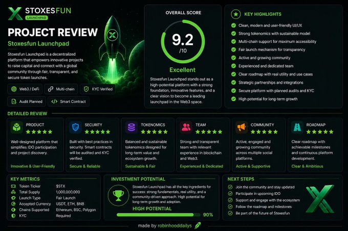 A "PROJECT REVIEW" infographic for Stoxesfun Launchpad rates the platform 9.2/10 (Excellent) across categories including Product, Security, Tokenomics, Team, Community, and Roadmap, featuring the ticker $STX with a 1,000,000,000 total supply and a "HIGH POTENTIAL" investment rating. The review supports the accompanying post by highlighting Stoxesfun as a well-designed, audited launchpad for raising capital and launching tokens.