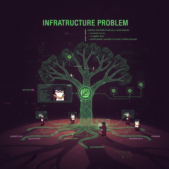 A digital infographic titled 'INFRASTRUCTURE PROBLEM' depicting a stylized green tree with people working at its roots, with labels like 'LIQUIDITY PATH', 'VALIDATOR DEPTH', and 'APPCHAINS'.