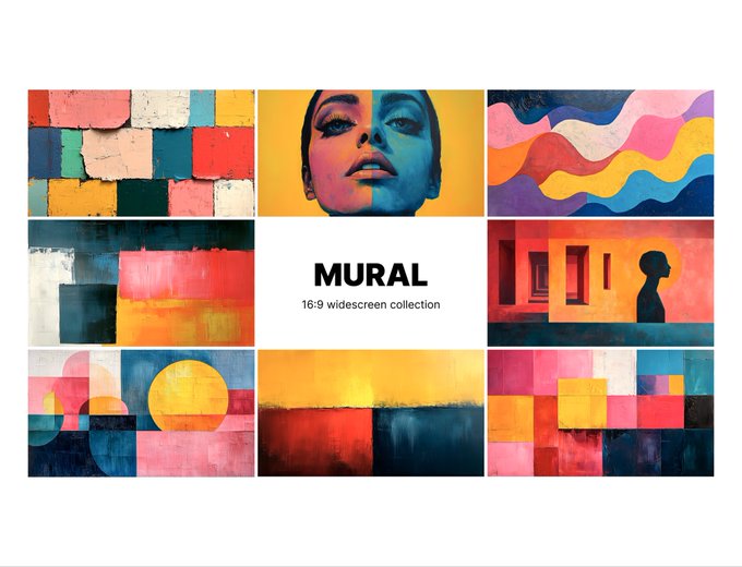A promotional image for a "MURAL" 16:9 widescreen collection, displaying a grid of colorful abstract and artistic paintings in various styles.