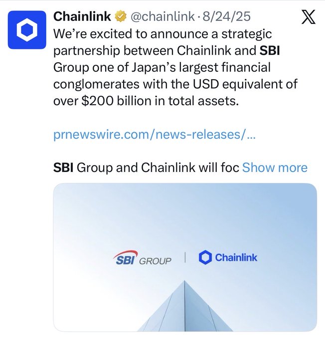 The image shows a Chainlink tweet dated 8/24/25 announcing a strategic partnership with SBI Group, one of Japan's largest financial conglomerates with over $200 billion in total assets, highlighting the SBI Group and Chainlink logos together. The accompanying post's reference to "know when to fold 'em ($XRP)" suggests the poster views this Chainlink-SBI partnership as a reason to rotate away from XRP toward Chainlink's $LINK token.