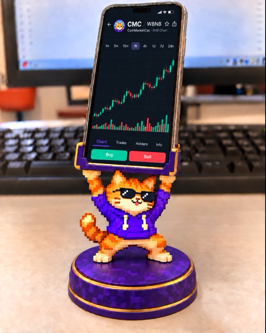 A pixel-art cat figurine wearing a purple hoodie and sunglasses holds up a smartphone displaying a cryptocurrency trading chart labeled 'CMC WBNB' on CoinMarketCat.