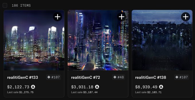 A digital marketplace displaying three NFT listings from "realitiGenC" with prices in Ethereum ($2,122.73, $3,931.18, and $8,939.49) and 186 total items.