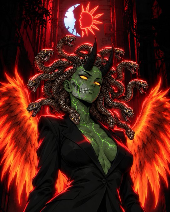 A fantasy digital artwork depicting a green-skinned demonic figure with snake-like hair, horns, and red fiery wings, set against a dark background with a moon and sun symbol.