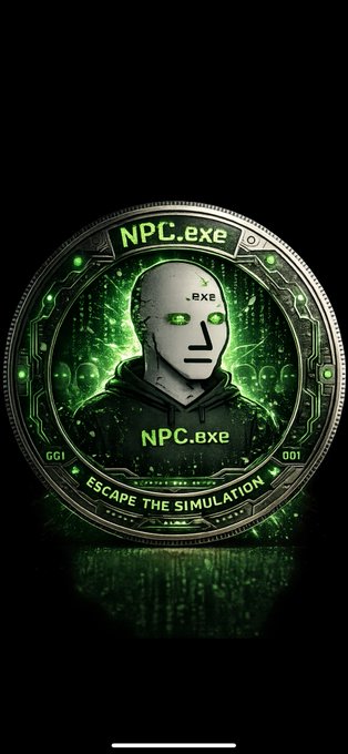 A digital coin design featuring a bald humanoid figure with glowing green eyes, labeled 'NPC.exe', 'NPC.8xe', and 'ESCAPE THE SIMULATION' against a circuit board background.