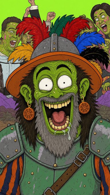 A vibrant cartoon illustration features a green-skinned warrior with a wide, manic grin, wearing a plumed metal helmet with orange feathers, orange slice earrings, and green armor, surrounded by screaming green figures in the background.