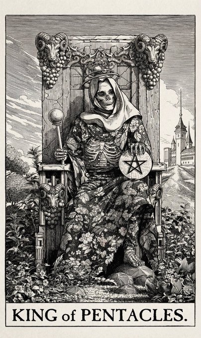 A detailed black-and-white tarot card illustration titled 'KING of PENTACLES' depicting a skeletal figure wearing a crown and ornate robes, holding a scepter and a pentacle.